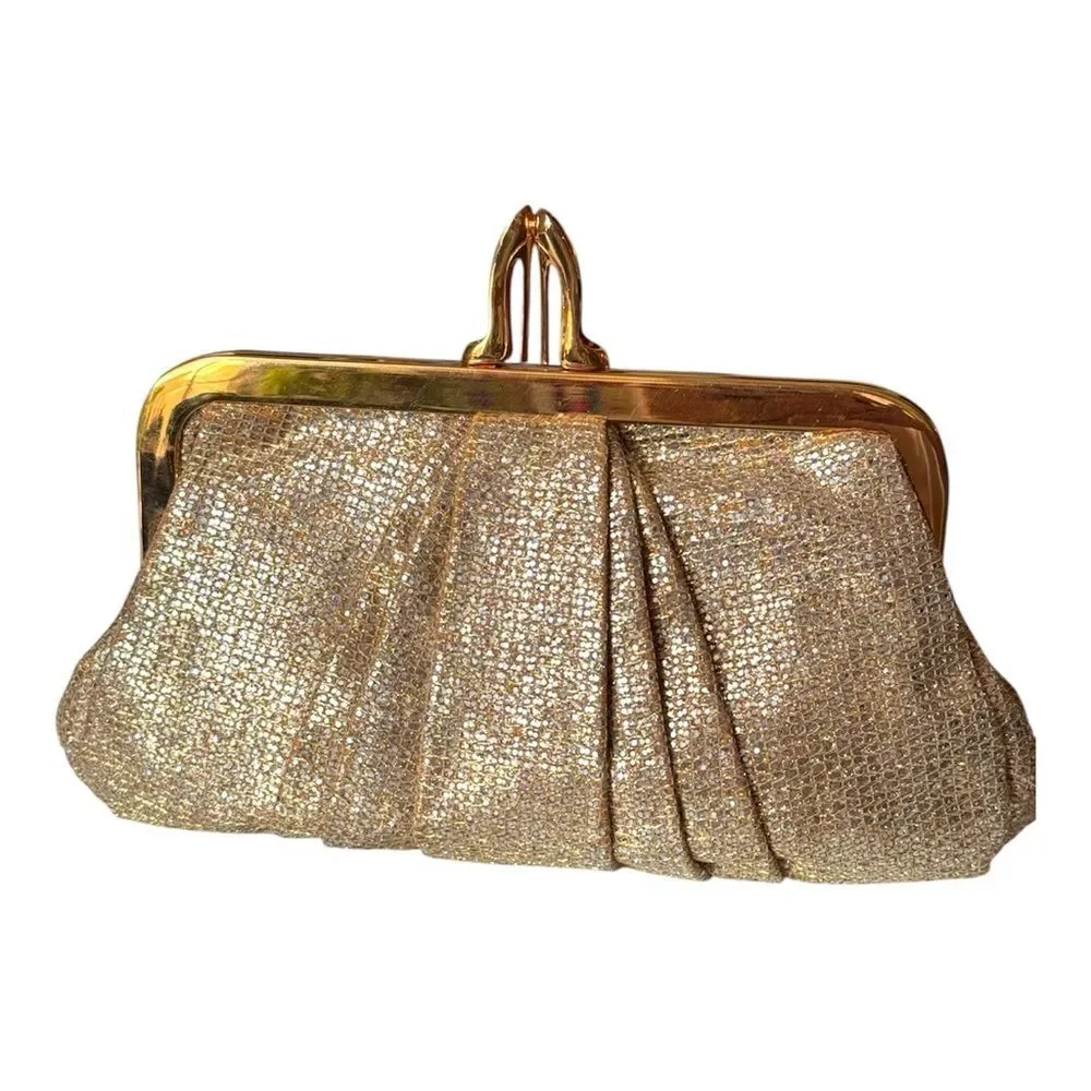 Christian Louboutin Gold Metallic Pleated Clutch Bag Sunburst Crown Frame Luxury